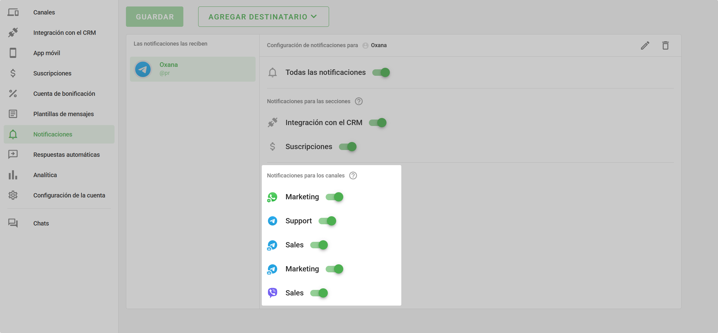 Canales Notificaciones